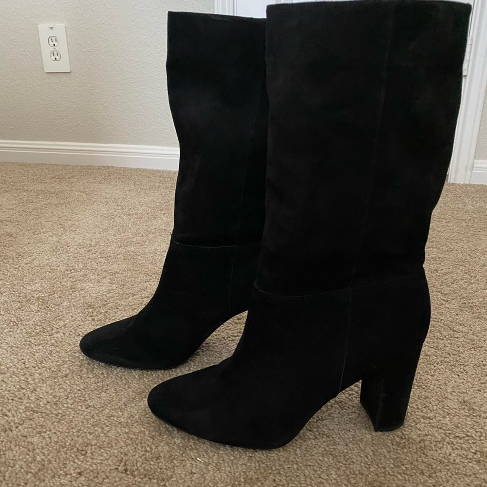 Ralph Lauren Black Suede Mid-Calf Block Heel Boots